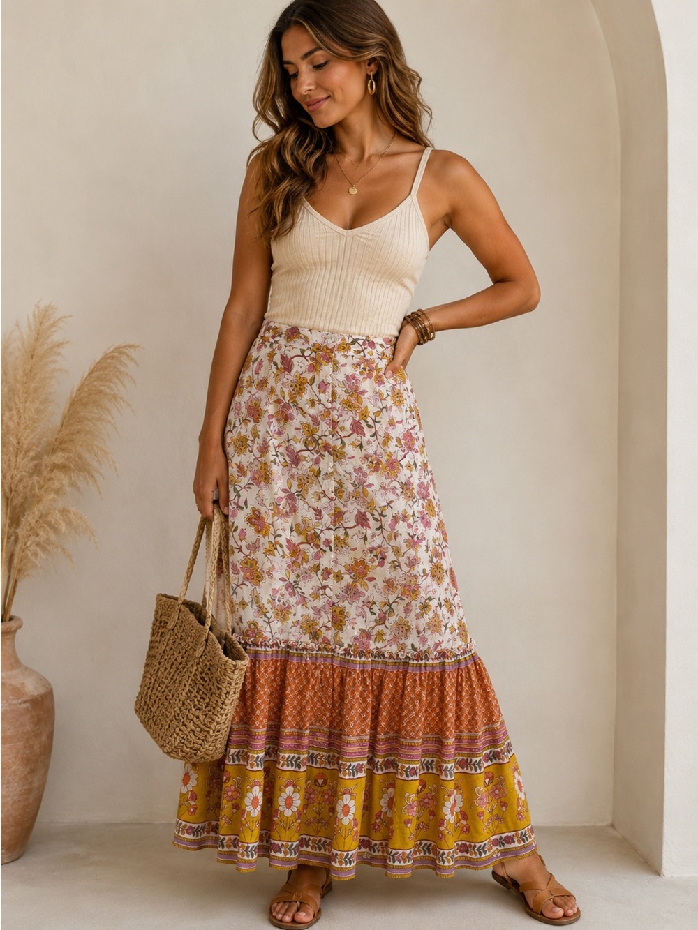 Rachel Zoe Floral Maxi Skirt in Cream, Mustard & Rust